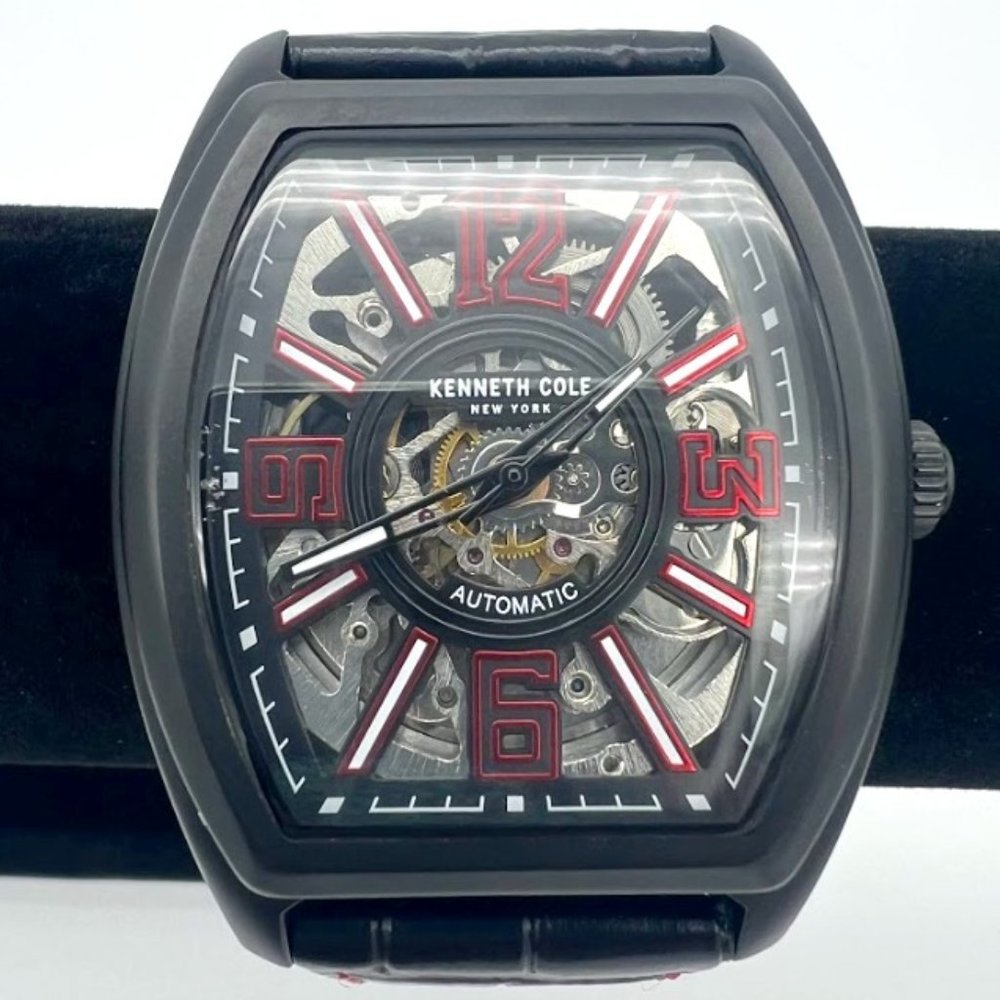 Like New Kenneth Cole Mens KC51083003 Automatic Tonneau Watch W/ Black Leather